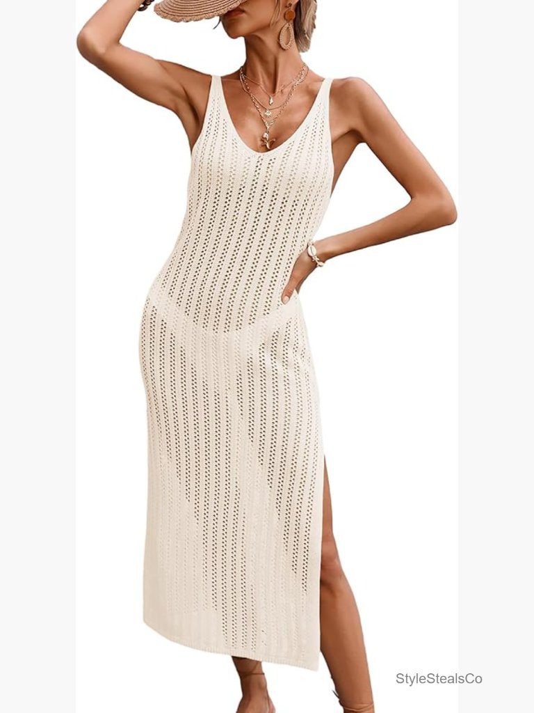 Crochet Swim Cover Up Dress Maxi Midi V-Neck Sheath Beach Coverup Mesh Knit
